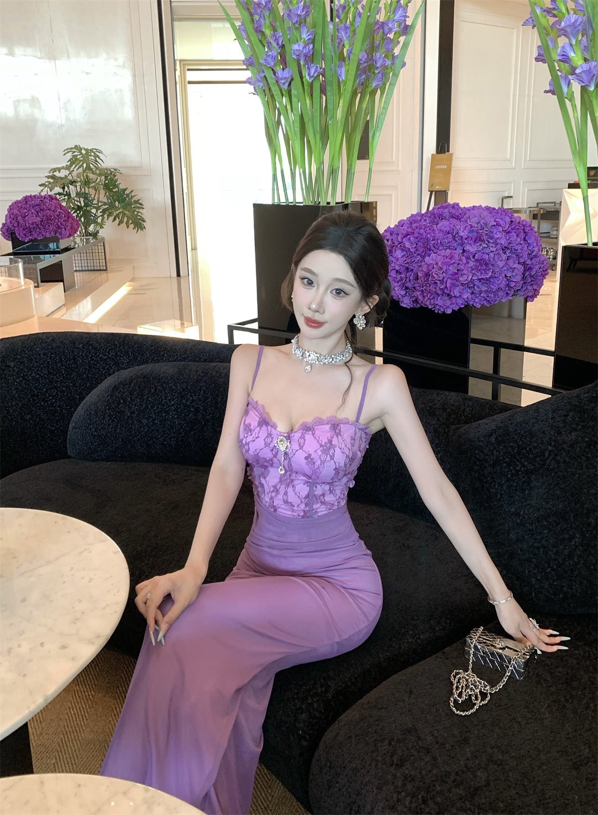 Exquisite Lace Bodice Purple Spaghetti Straps Maxi Dress Sweetheart Neck Luxury Parties Sheath Mermaid Long Dress AP1848