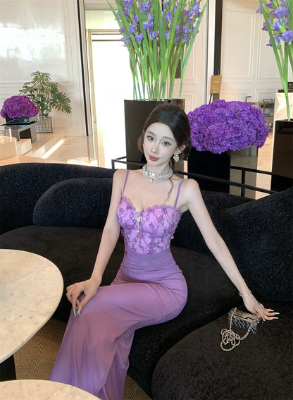 Exquisite Lace Bodice Purple Spaghetti Straps Maxi Dress Sweetheart Neck Luxury Parties Sheath Mermaid Long Dress AP1848