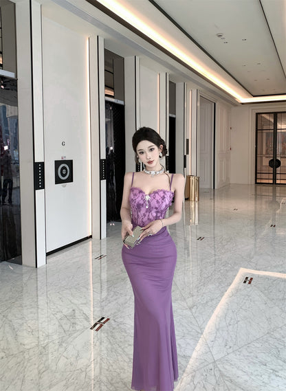 Exquisite Lace Bodice Purple Spaghetti Straps Maxi Dress Sweetheart Neck Luxury Parties Sheath Mermaid Long Dress AP1848