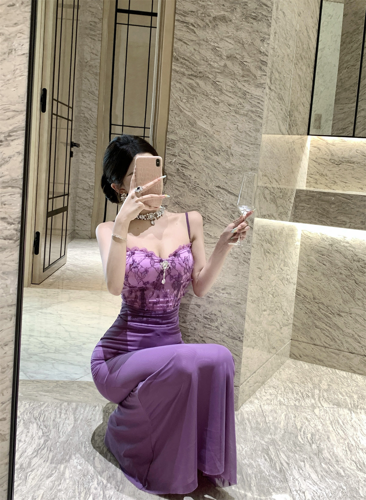 Exquisite Lace Bodice Purple Spaghetti Straps Maxi Dress Sweetheart Neck Luxury Parties Sheath Mermaid Long Dress AP1848