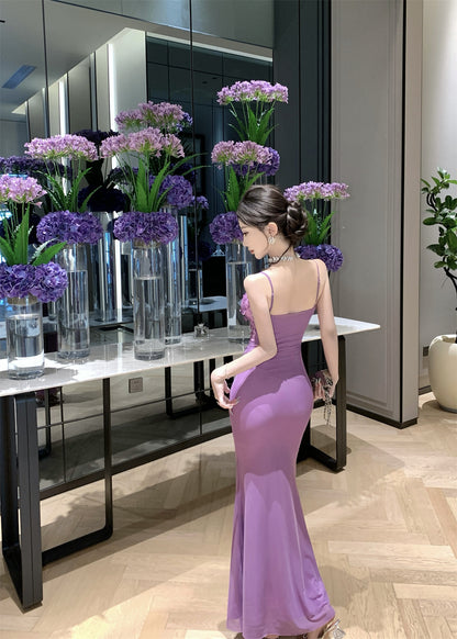 Exquisite Lace Bodice Purple Spaghetti Straps Maxi Dress Sweetheart Neck Luxury Parties Sheath Mermaid Long Dress AP1848