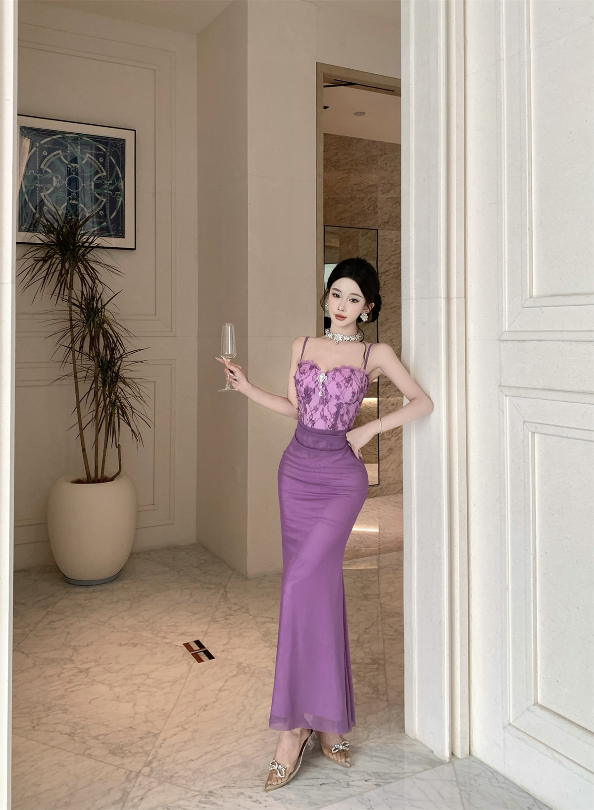 Exquisite Lace Bodice Purple Spaghetti Straps Maxi Dress Sweetheart Neck Luxury Parties Sheath Mermaid Long Dress AP1848
