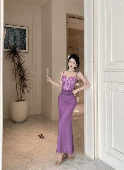 Exquisite Lace Bodice Purple Spaghetti Straps Maxi Dress Sweetheart Neck Luxury Parties Sheath Mermaid Long Dress AP1848