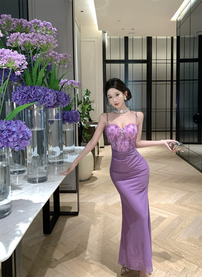 Exquisite Lace Bodice Purple Spaghetti Straps Maxi Dress Sweetheart Neck Luxury Parties Sheath Mermaid Long Dress AP1848