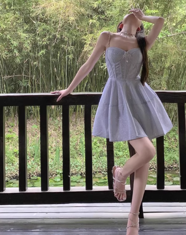 Graceful Chain Spaghetti Strap A-Line Mini Dress Parties Outfit Casual Sheen Fabric Short Dress AP1849