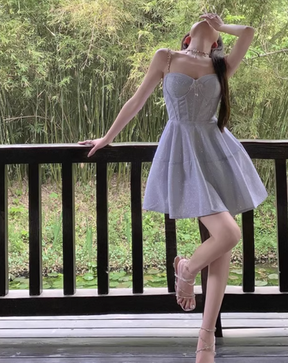 Graceful Chain Spaghetti Strap A-Line Mini Dress Parties Outfit Casual Sheen Fabric Short Dress AP1849