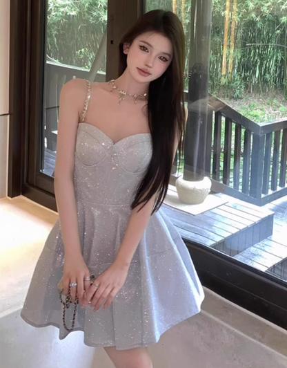 Graceful Chain Spaghetti Strap A-Line Mini Dress Parties Outfit Casual Sheen Fabric Short Dress AP1849