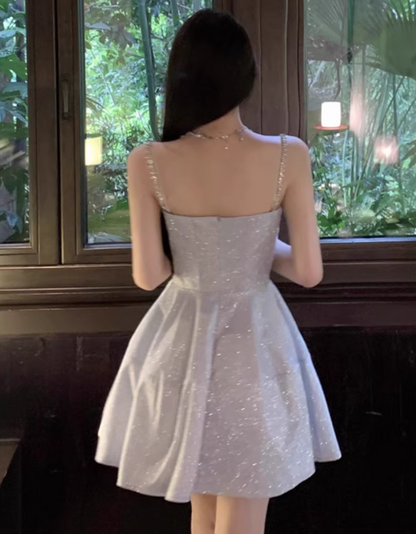 Graceful Chain Spaghetti Strap A-Line Mini Dress Parties Outfit Casual Sheen Fabric Short Dress AP1849