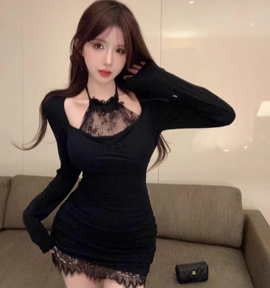 Charming Gen Z Bodycon Long Sleeve Mini Skirt Hot Girls Nightclubs Black Halter Neckline Lace Trimmed Hem  Short Dress AP1850