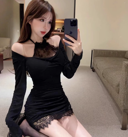 Charming Gen Z Bodycon Long Sleeve Mini Skirt Hot Girls Nightclubs Black Halter Neckline Lace Trimmed Hem  Short Dress AP1850