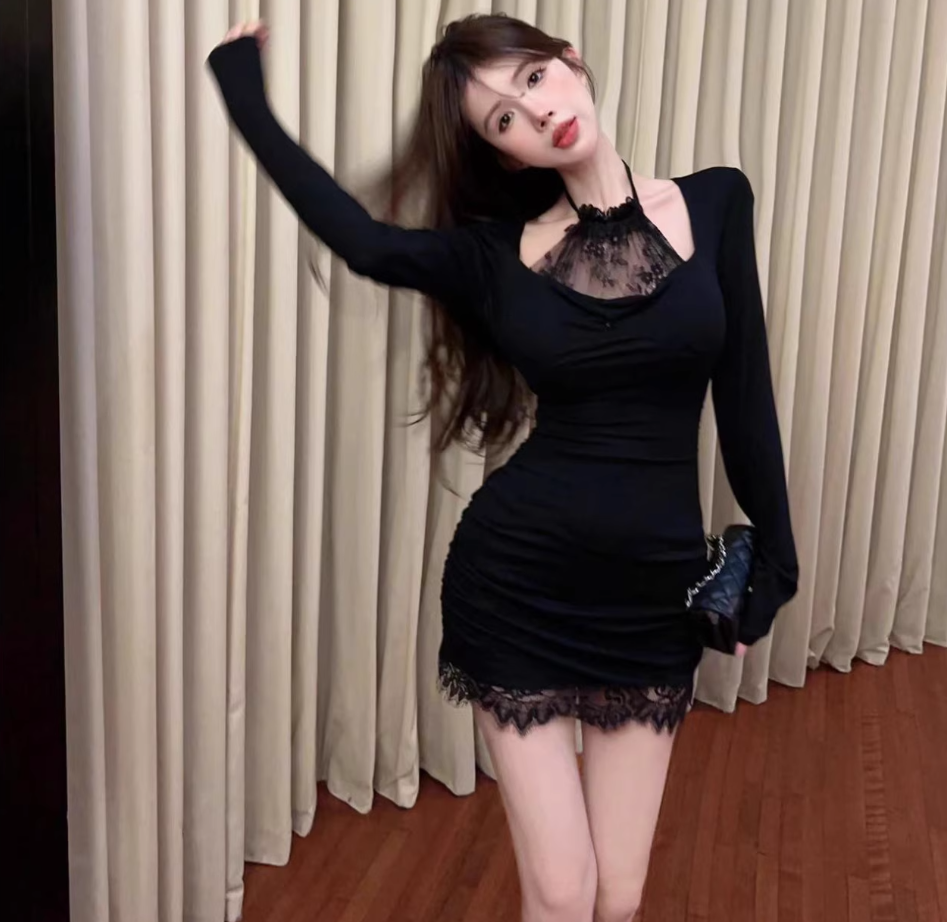 Charming Gen Z Bodycon Long Sleeve Mini Skirt Hot Girls Nightclubs Black Halter Neckline Lace Trimmed Hem  Short Dress AP1850