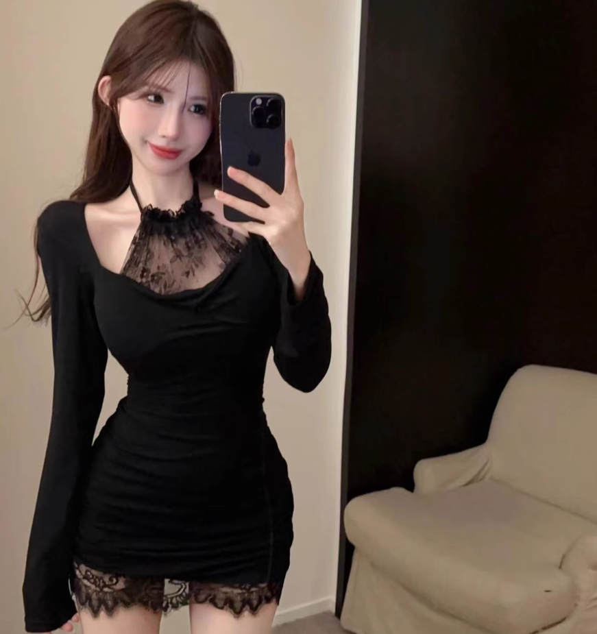 Charming Gen Z Bodycon Long Sleeve Mini Skirt Hot Girls Nightclubs Black Halter Neckline Lace Trimmed Hem  Short Dress AP1850