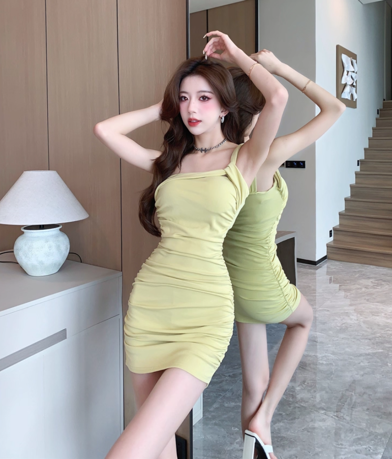 Classical One-Shoulder Yellow Ruched Mini Dress Vibrant Parties & Dates Bodycon Asymmetric Neckline Short Dress AP1851