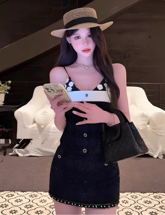 Vintage-Inspired Black & White Spaghetti Straps Mini Dress Hot Girls Floral Accents Button Details Short Dress AP1853