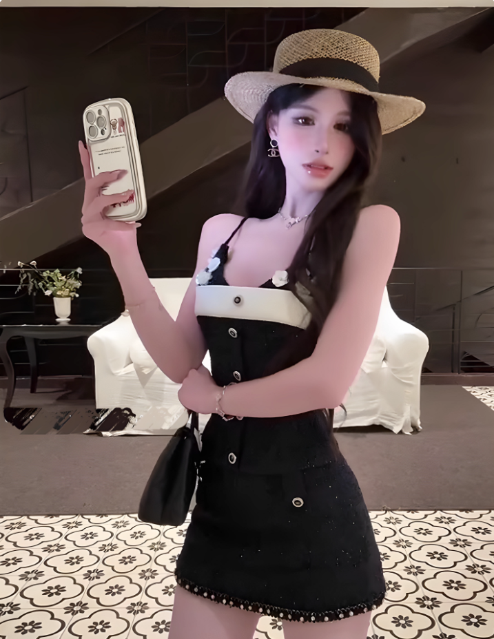 Vintage-Inspired Black & White Spaghetti Straps Mini Dress Hot Girls Floral Accents Button Details Short Dress AP1853