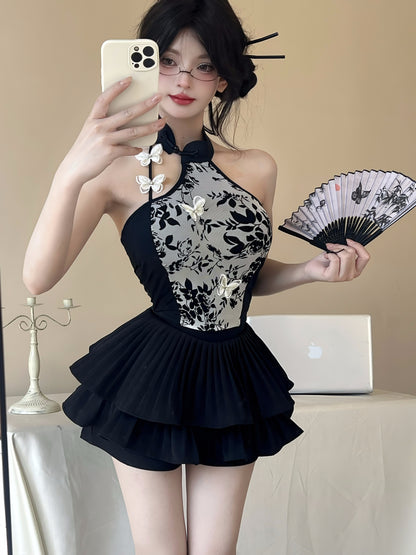 Charming 2-piece Set Floral Print Bodice Top A-Line Mini Skirt Cheongsam-Inspired 3D Butterfly Embellishments Pleated Tiered Halter Short Dress AP1854