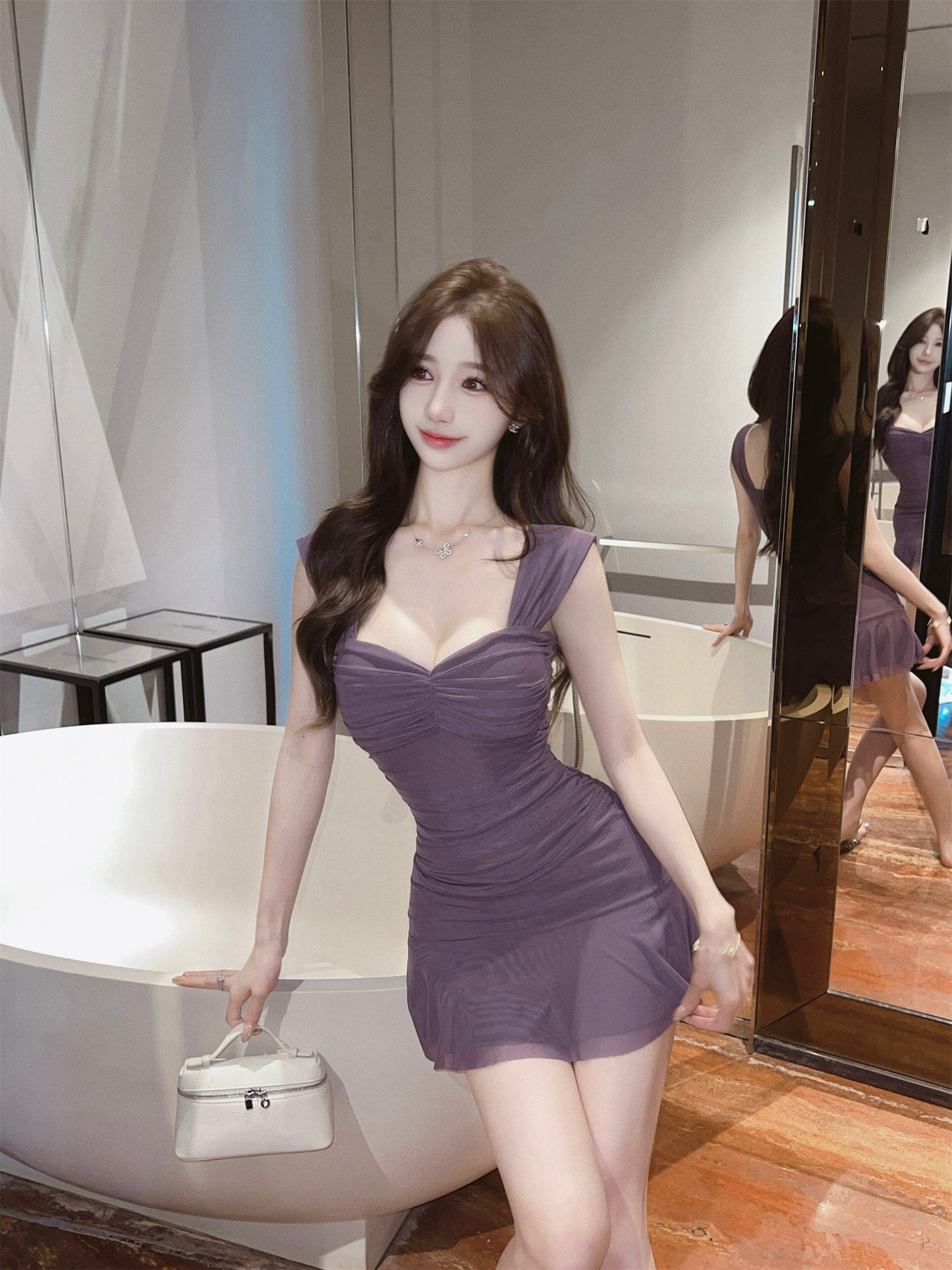 New Tendency Purple Mesh Ruched Mini Skirt Vintage Parties Outfit Ruffles Hem Cinched-Waist Short Dress AP1855