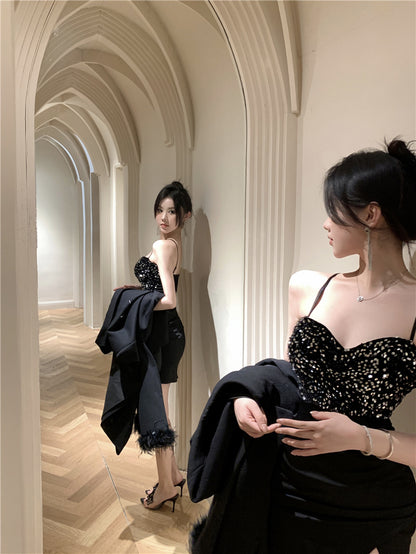 Hot Girls Gen Z Style Black Spaghetti Straps Mini Dress Sexy Sheath Slit Sparkly Sequins Short Dress AP1856