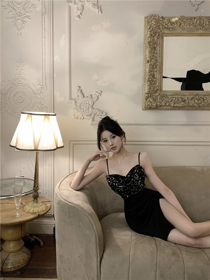 Hot Girls Gen Z Style Black Spaghetti Straps Mini Dress Sexy Sheath Slit Sparkly Sequins Short Dress AP1856