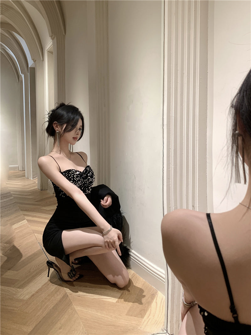 Hot Girls Gen Z Style Black Spaghetti Straps Mini Dress Sexy Sheath Slit Sparkly Sequins Short Dress AP1856