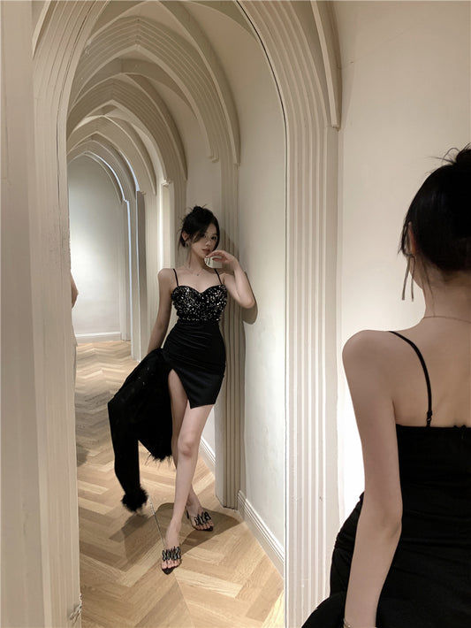 Hot Girls Gen Z Style Black Spaghetti Straps Mini Dress Sexy Sheath Slit Sparkly Sequins Short Dress AP1856