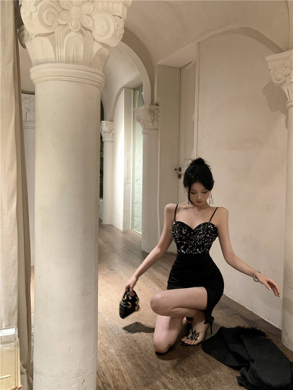 Hot Girls Gen Z Style Black Spaghetti Straps Mini Dress Sexy Sheath Slit Sparkly Sequins Short Dress AP1856