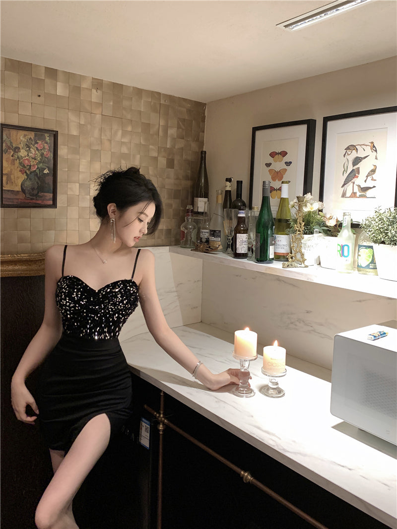 Hot Girls Gen Z Style Black Spaghetti Straps Mini Dress Sexy Sheath Slit Sparkly Sequins Short Dress AP1856