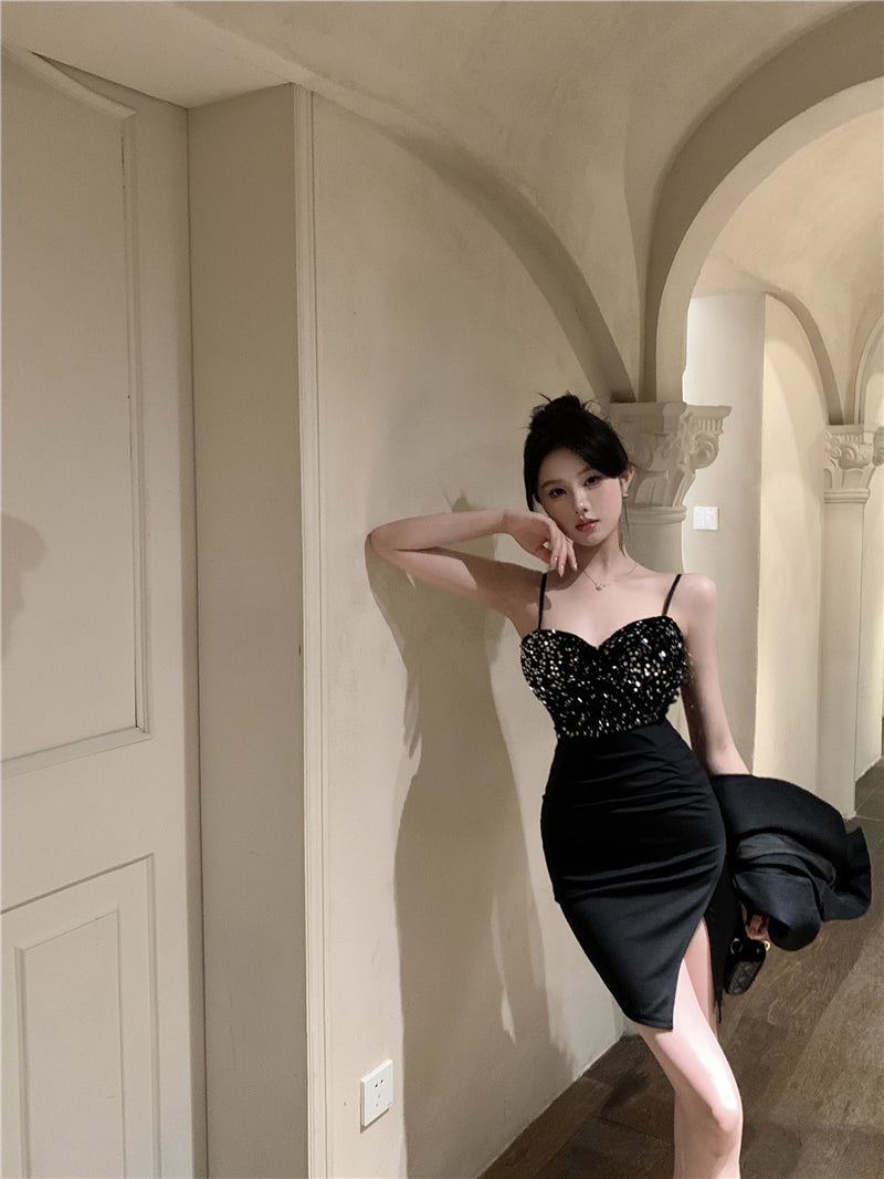 Hot Girls Gen Z Style Black Spaghetti Straps Mini Dress Sexy Sheath Slit Sparkly Sequins Short Dress AP1856