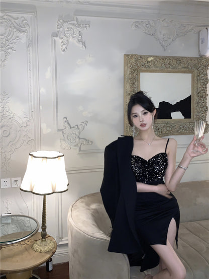 Hot Girls Gen Z Style Black Spaghetti Straps Mini Dress Sexy Sheath Slit Sparkly Sequins Short Dress AP1856