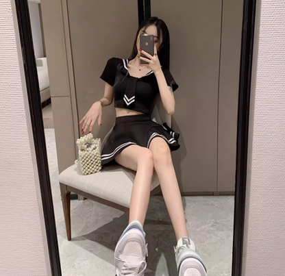 Charming Hot Girls Black Sailor-Inspired White Trim Mini Skirt Two-Piece Set Nautical Collar Tie Detail Short Dress AP1857