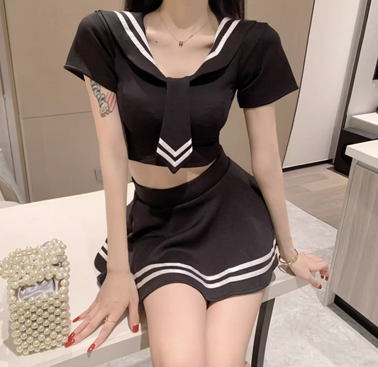Charming Hot Girls Black Sailor-Inspired White Trim Mini Skirt Two-Piece Set Nautical Collar Tie Detail Short Dress AP1857