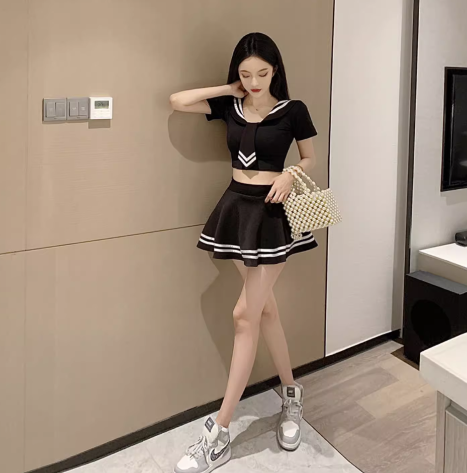 Charming Hot Girls Black Sailor-Inspired White Trim Mini Skirt Two-Piece Set Nautical Collar Tie Detail Short Dress AP1857