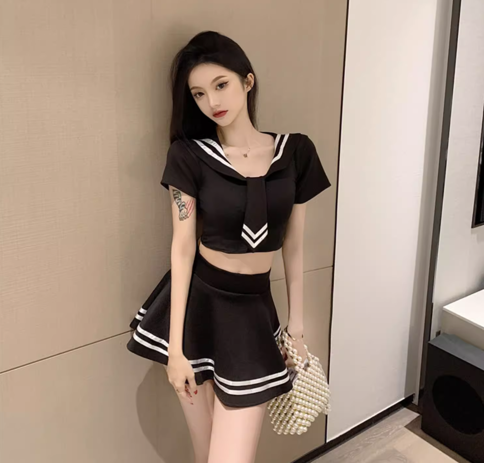 Charming Hot Girls Black Sailor-Inspired White Trim Mini Skirt Two-Piece Set Nautical Collar Tie Detail Short Dress AP1857