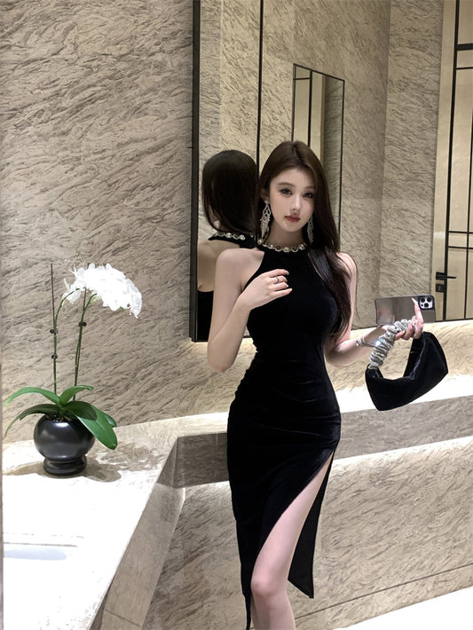 Unique Black Sleeveless Bodycon Midi Skirt Rhinestone Round Neck Sexy High-Slit Halter Long Dress AP1858