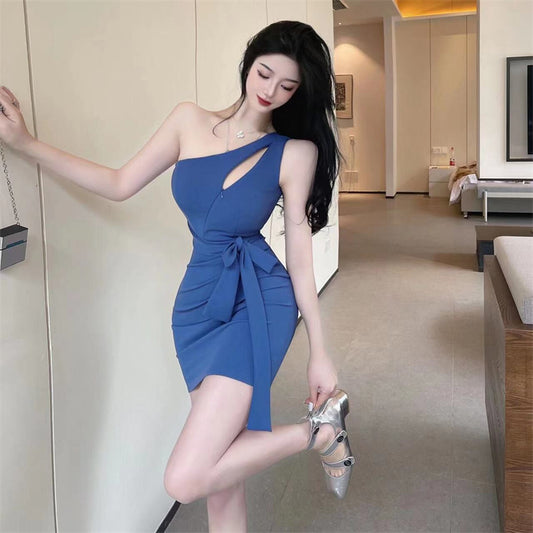 Unique Blue One-Shoulder Tie-Waist Mini Dress Bodycon Date Nights Cutout Zipper Design Short Dress AP1861
