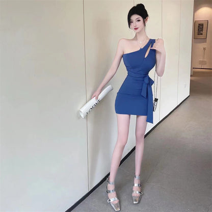 Unique Blue One-Shoulder Tie-Waist Mini Dress Bodycon Date Nights Cutout Zipper Design Short Dress AP1861