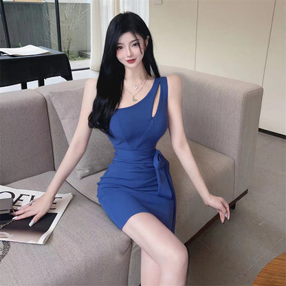 Unique Blue One-Shoulder Tie-Waist Mini Dress Bodycon Date Nights Cutout Zipper Design Short Dress AP1861