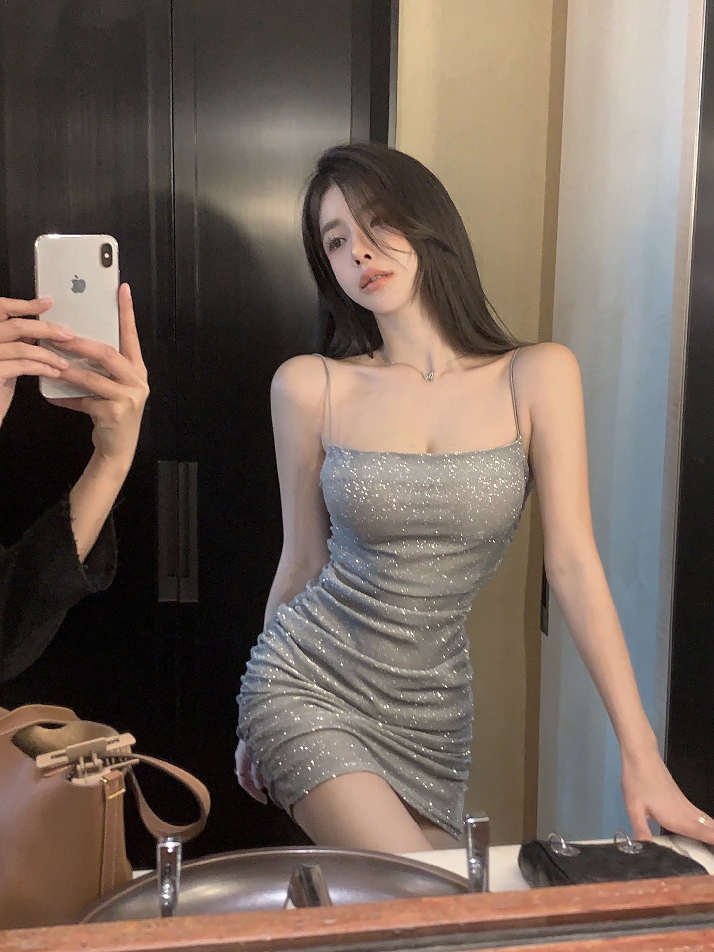 Chic Silver Sheen Fabric Spaghetti Straps Mini Dress Minimalist Ruched Bodic Hot Girls OOTD Short Dress AP1863