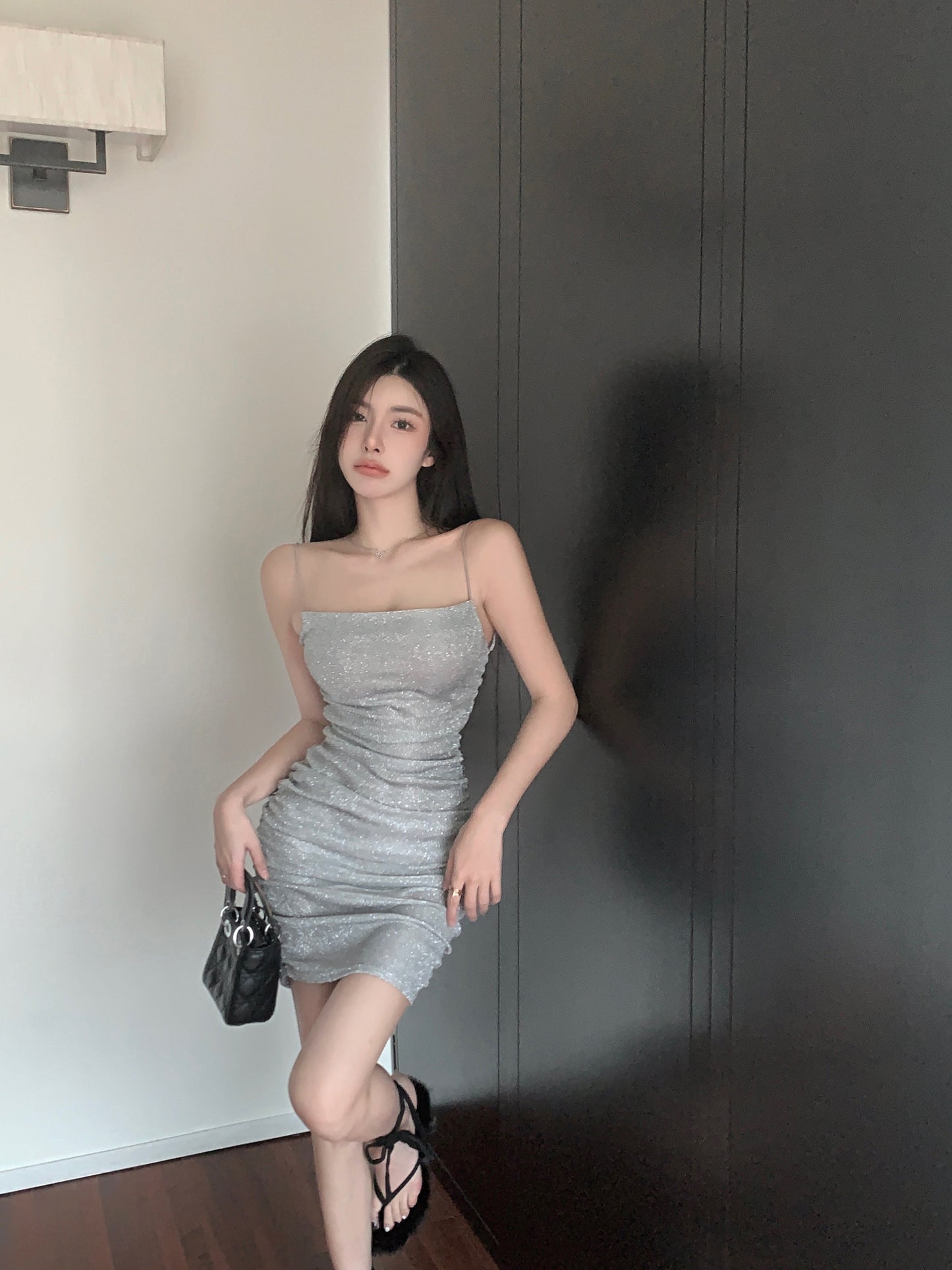 Chic Silver Sheen Fabric Spaghetti Straps Mini Dress Minimalist Ruched Bodic Hot Girls OOTD Short Dress AP1863