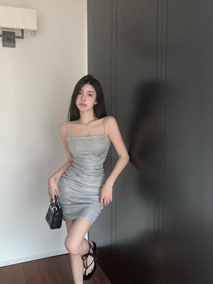 Chic Silver Sheen Fabric Spaghetti Straps Mini Dress Minimalist Ruched Bodic Hot Girls OOTD Short Dress AP1863