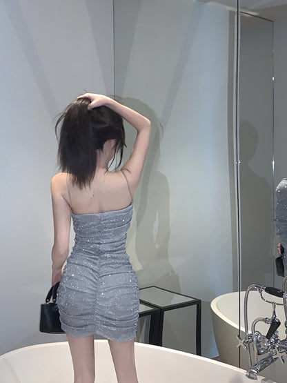 Chic Silver Sheen Fabric Spaghetti Straps Mini Dress Minimalist Ruched Bodic Hot Girls OOTD Short Dress AP1863