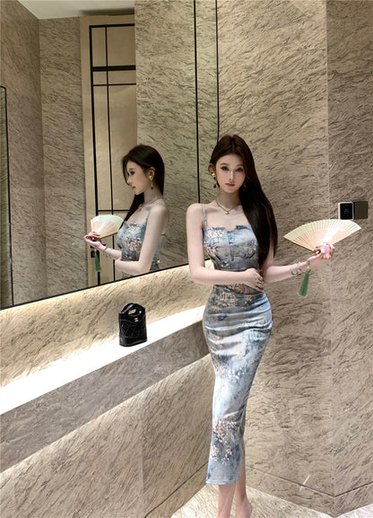 Elegant Floral Print Sheath High-Slit Midi Dress Charming Cultural Events Spaghetti Strap Long Dress AP1864