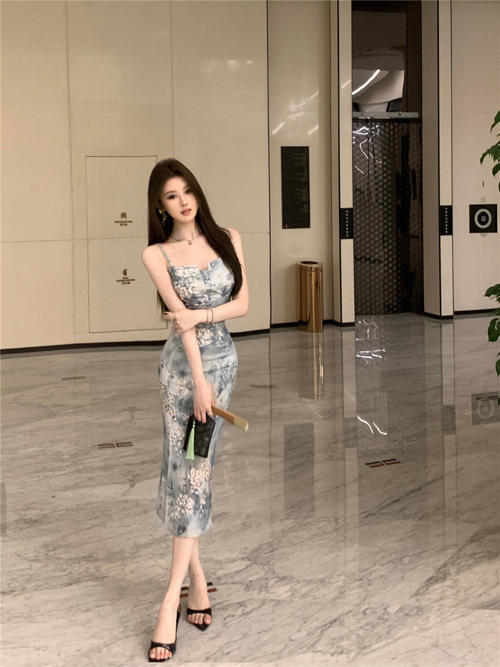 Elegant Floral Print Sheath High-Slit Midi Dress Charming Cultural Events Spaghetti Strap Long Dress AP1864