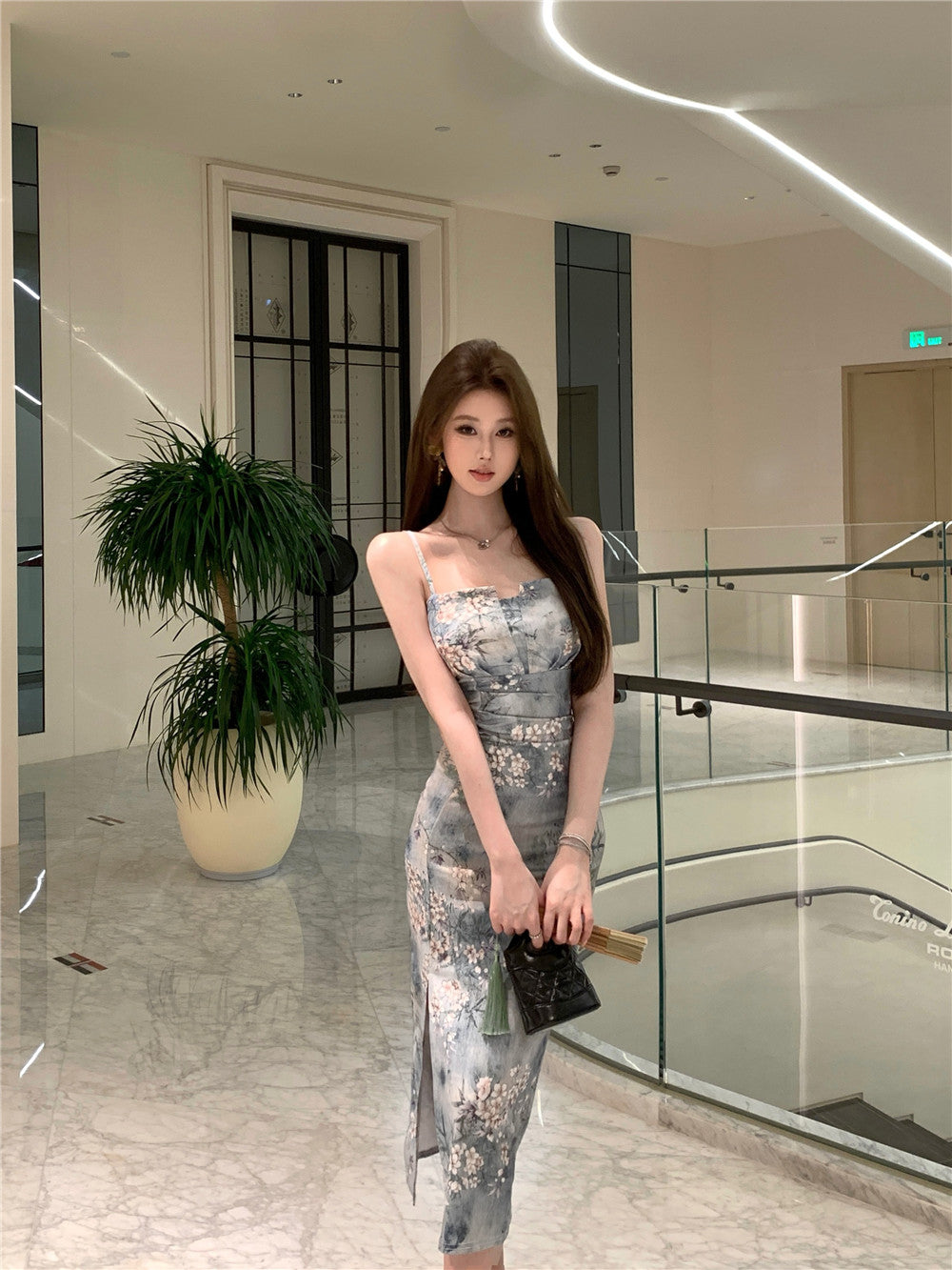 Elegant Floral Print Sheath High-Slit Midi Dress Charming Cultural Events Spaghetti Strap Long Dress AP1864