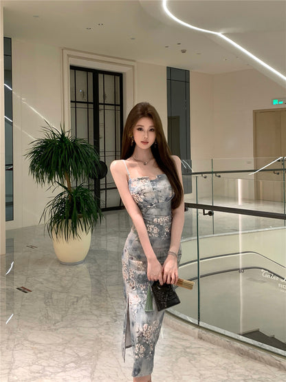 Elegant Floral Print Sheath High-Slit Midi Dress Charming Cultural Events Spaghetti Strap Long Dress AP1864