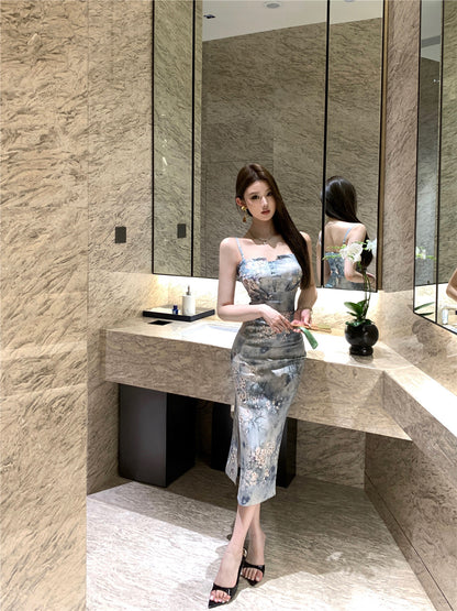 Elegant Floral Print Sheath High-Slit Midi Dress Charming Cultural Events Spaghetti Strap Long Dress AP1864