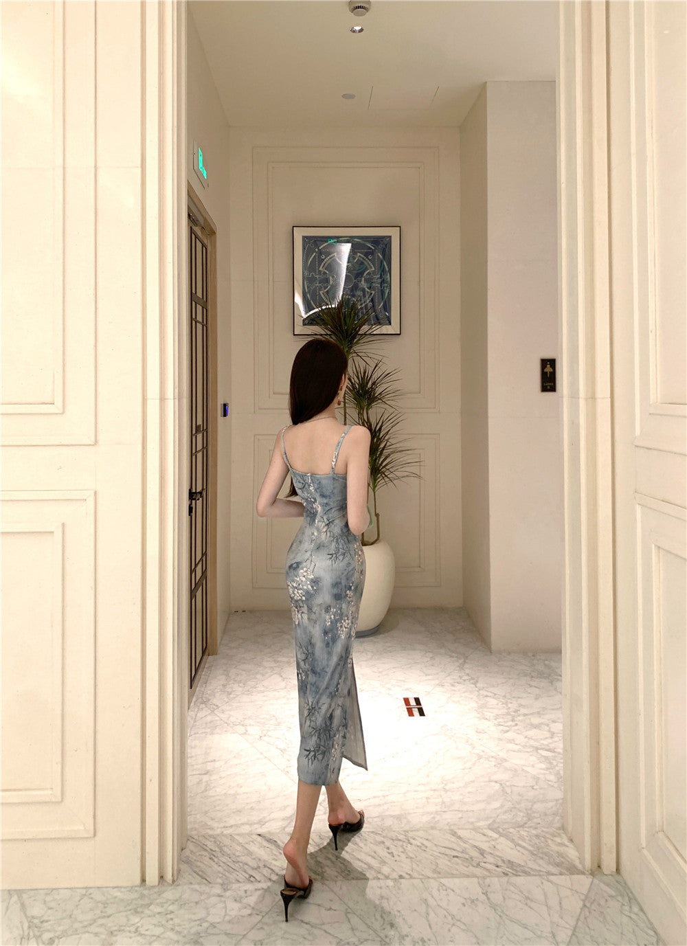 Elegant Floral Print Sheath High-Slit Midi Dress Charming Cultural Events Spaghetti Strap Long Dress AP1864