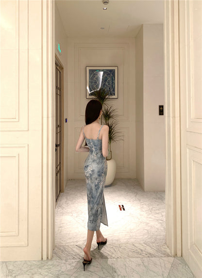 Elegant Floral Print Sheath High-Slit Midi Dress Charming Cultural Events Spaghetti Strap Long Dress AP1864