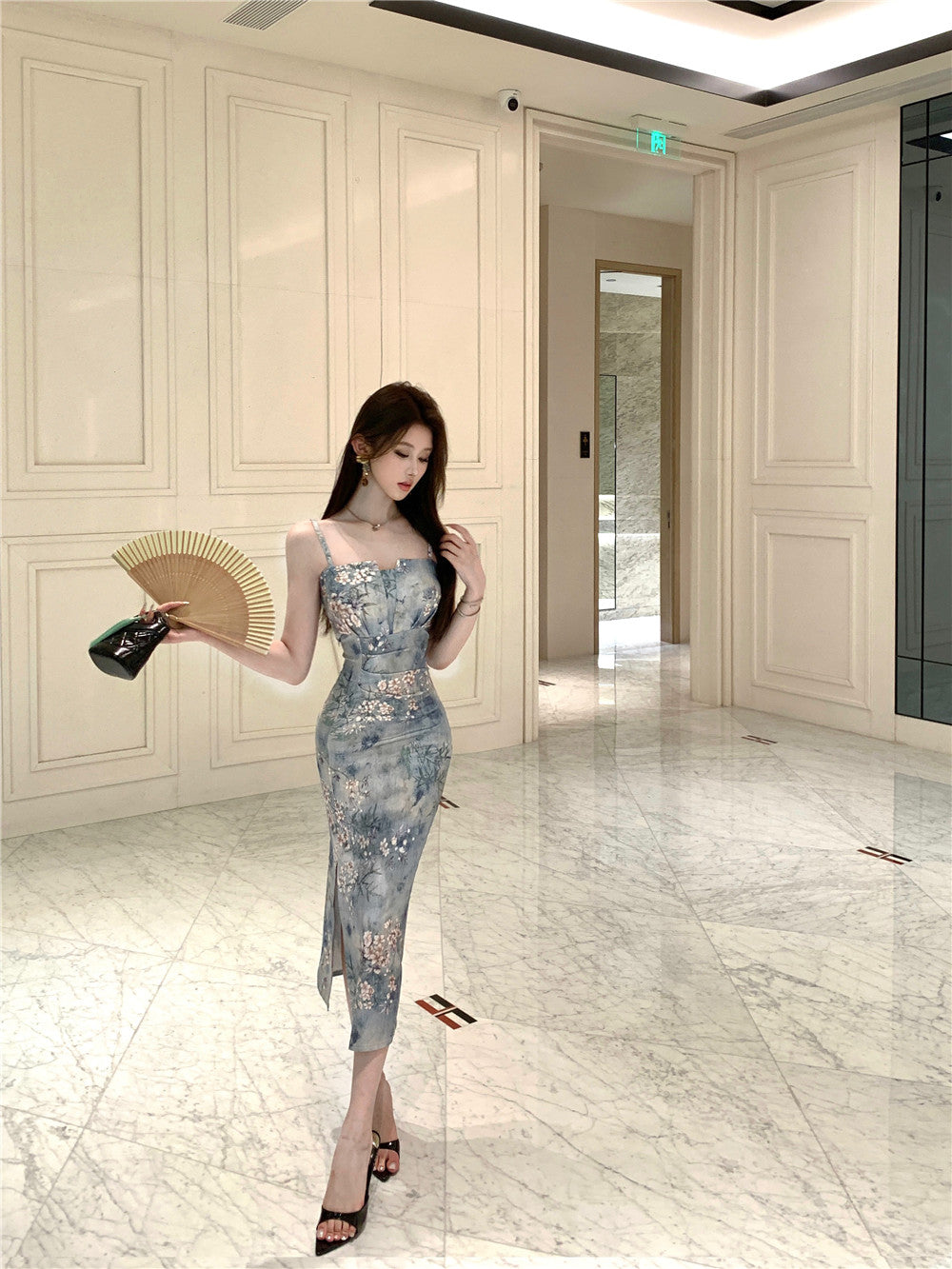 Elegant Floral Print Sheath High-Slit Midi Dress Charming Cultural Events Spaghetti Strap Long Dress AP1864