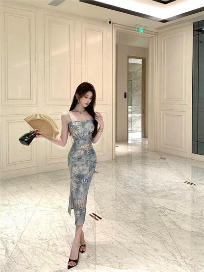 Elegant Floral Print Sheath High-Slit Midi Dress Charming Cultural Events Spaghetti Strap Long Dress AP1864